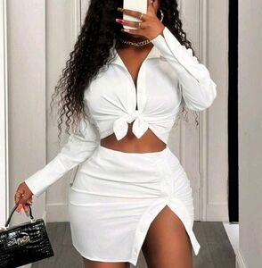 Women Solid Color Long Sleeve Shirt And A-Line Skirt Sets, Simple & Fashionable